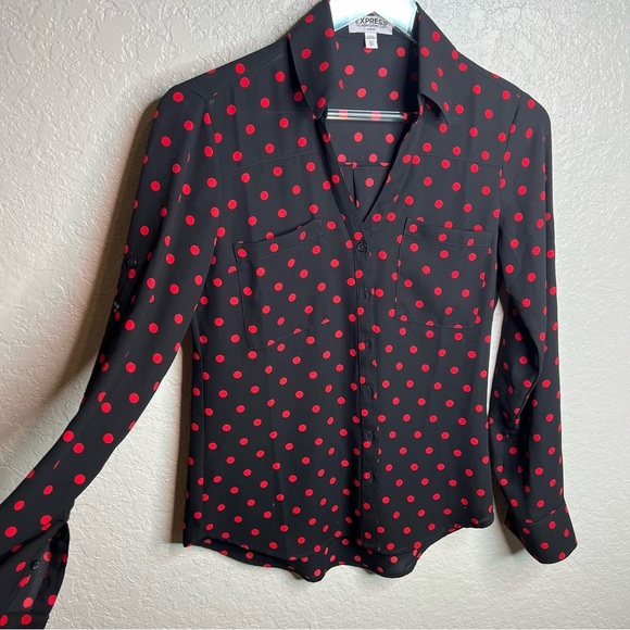 BNWOT Express Black and Red Polka Dot Button Down Blouse - Picture 3 of 7